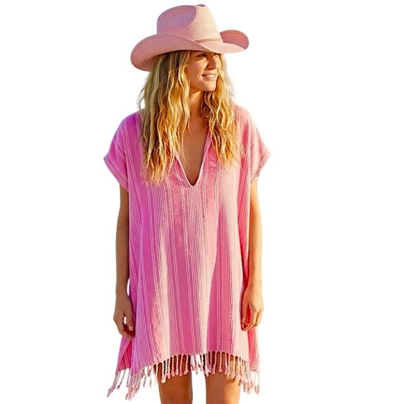 Zara Other - Zara Fringe Rustic Caftan Swim Cover Up pink & white stripes S/M NWT